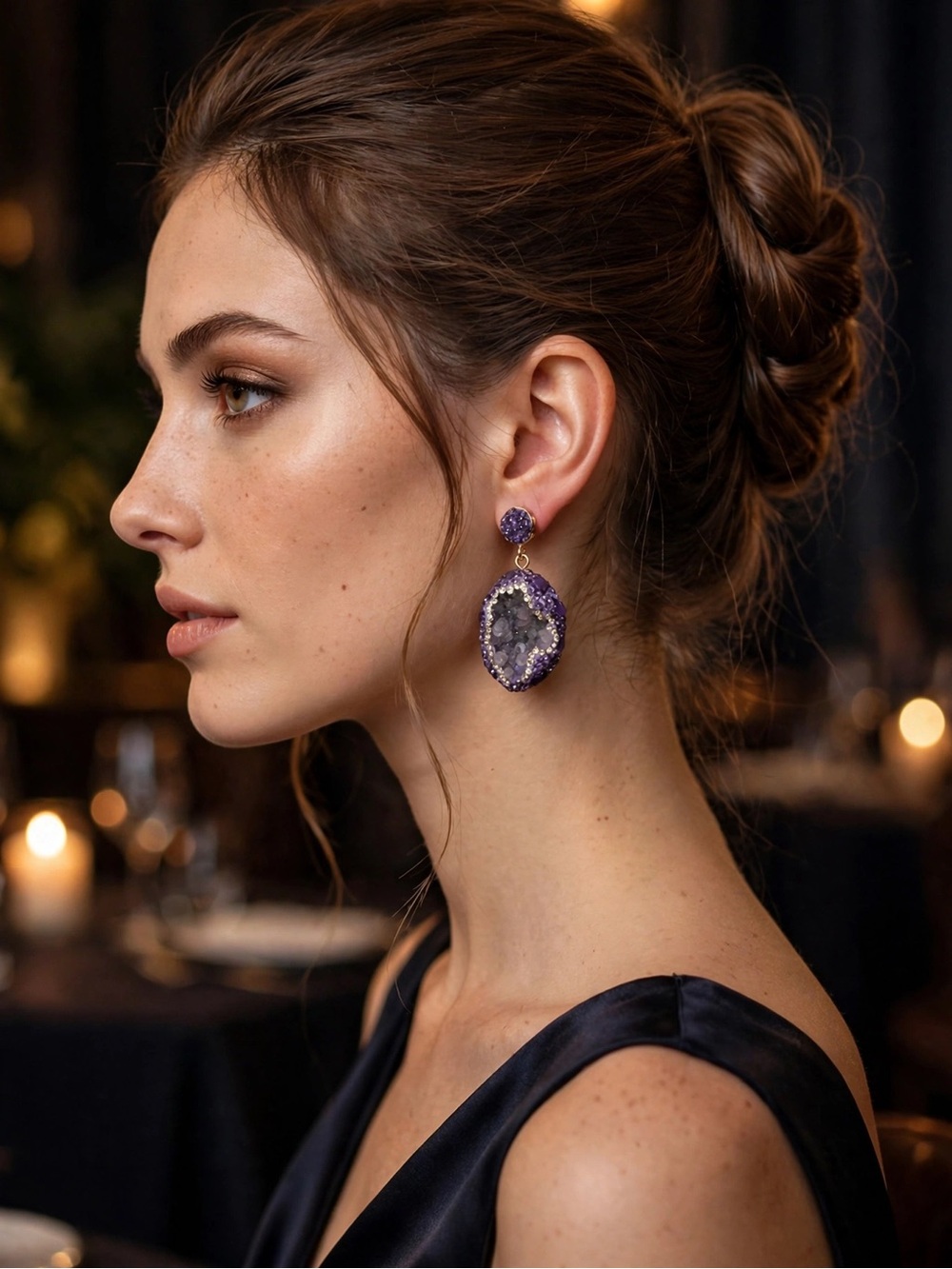 NWT Purple Amethyst Geode Raw Crystal Dangle Earrings Leather S925 E102